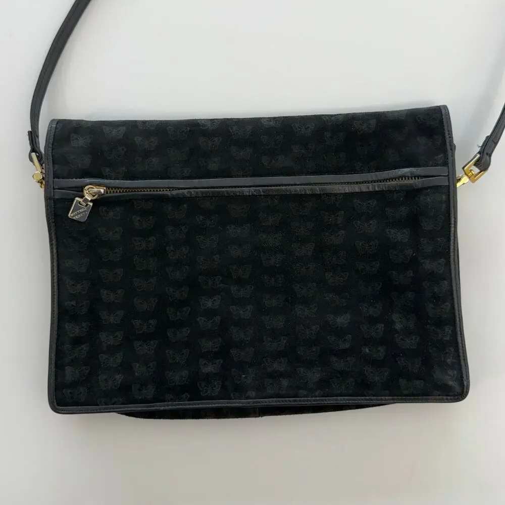 Bottega Veneta Vintage Suede Shoulder Bag Envelope Clutch Black Butterfly Print